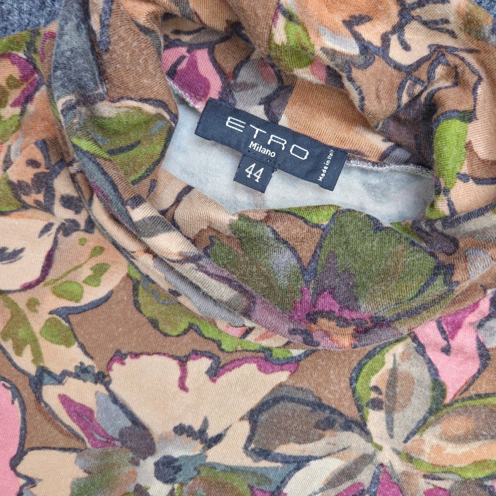 Etro Milano Womens 44 Floral Turtleneck Top Short Sleeve Pleated Jersey Italy